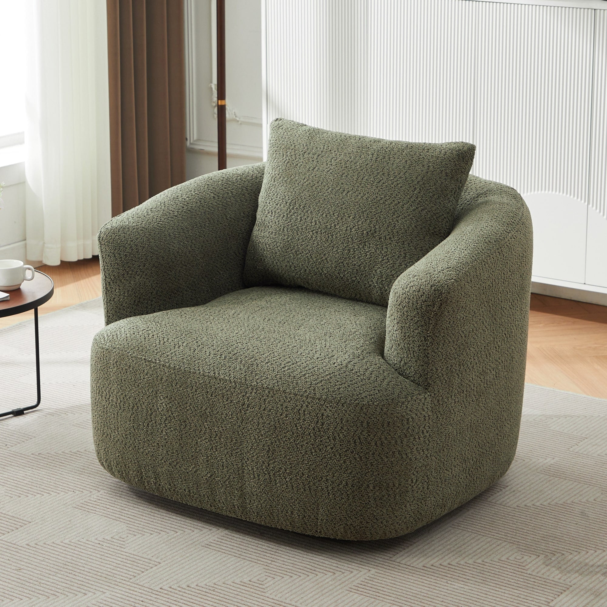 360¡ã Swivel Chair, 38.2 Boucle Accent Chair with Throw Pillow, Upholstered Barrel Sofa Chair with Curved Armrests