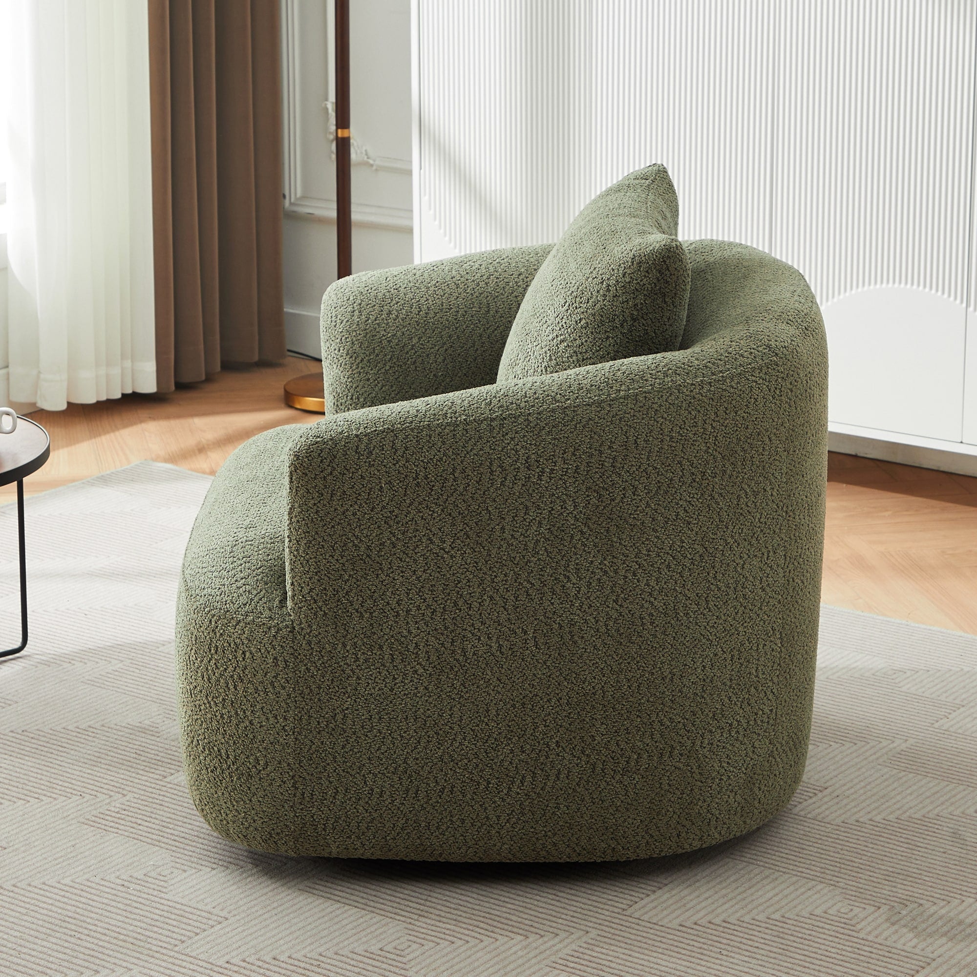 360¡ã Swivel Chair, 38.2 Boucle Accent Chair with Throw Pillow, Upholstered Barrel Sofa Chair with Curved Armrests