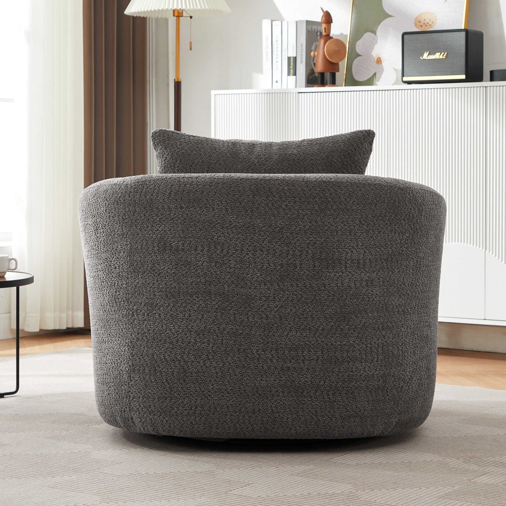 360¡ã Swivel Chair, 38.2 Boucle Accent Chair with Throw Pillow, Upholstered Barrel Sofa Chair with Curved Armrests