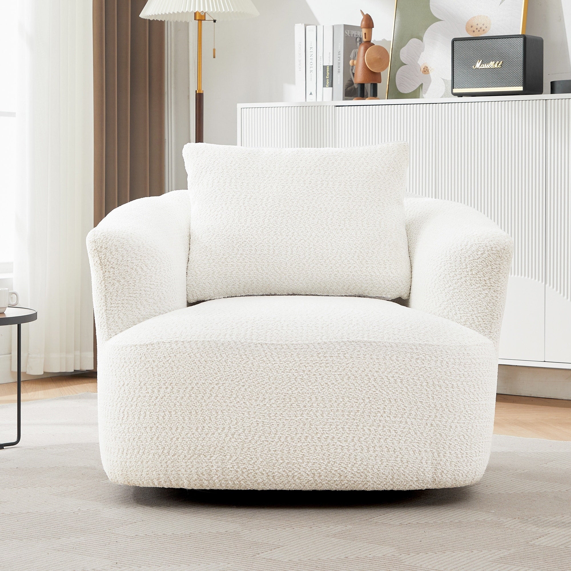 360¡ã Swivel Chair, 38.2 Boucle Accent Chair with Throw Pillow, Upholstered Barrel Sofa Chair with Curved Armrests