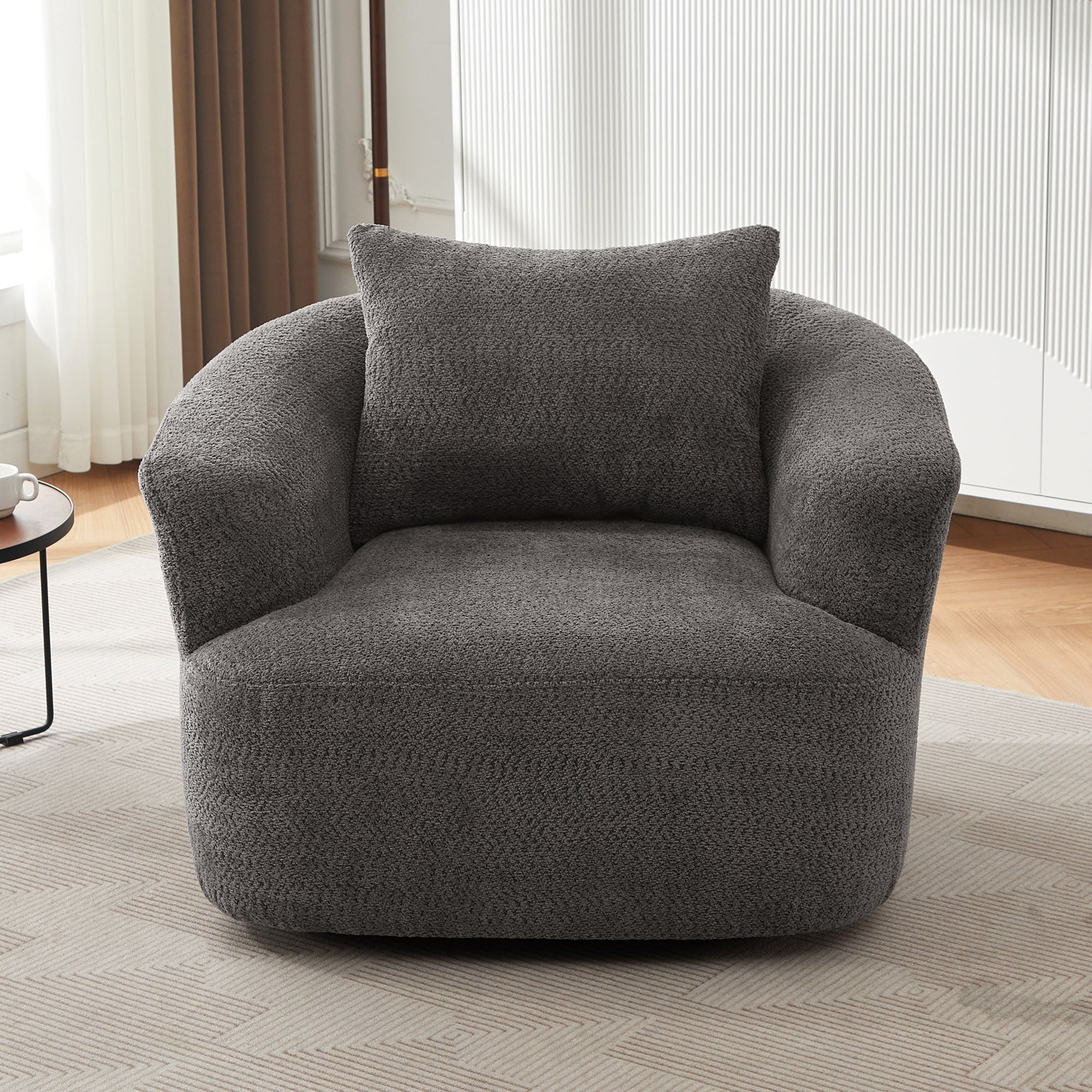 360¡ã Swivel Chair, 38.2 Boucle Accent Chair with Throw Pillow, Upholstered Barrel Sofa Chair with Curved Armrests