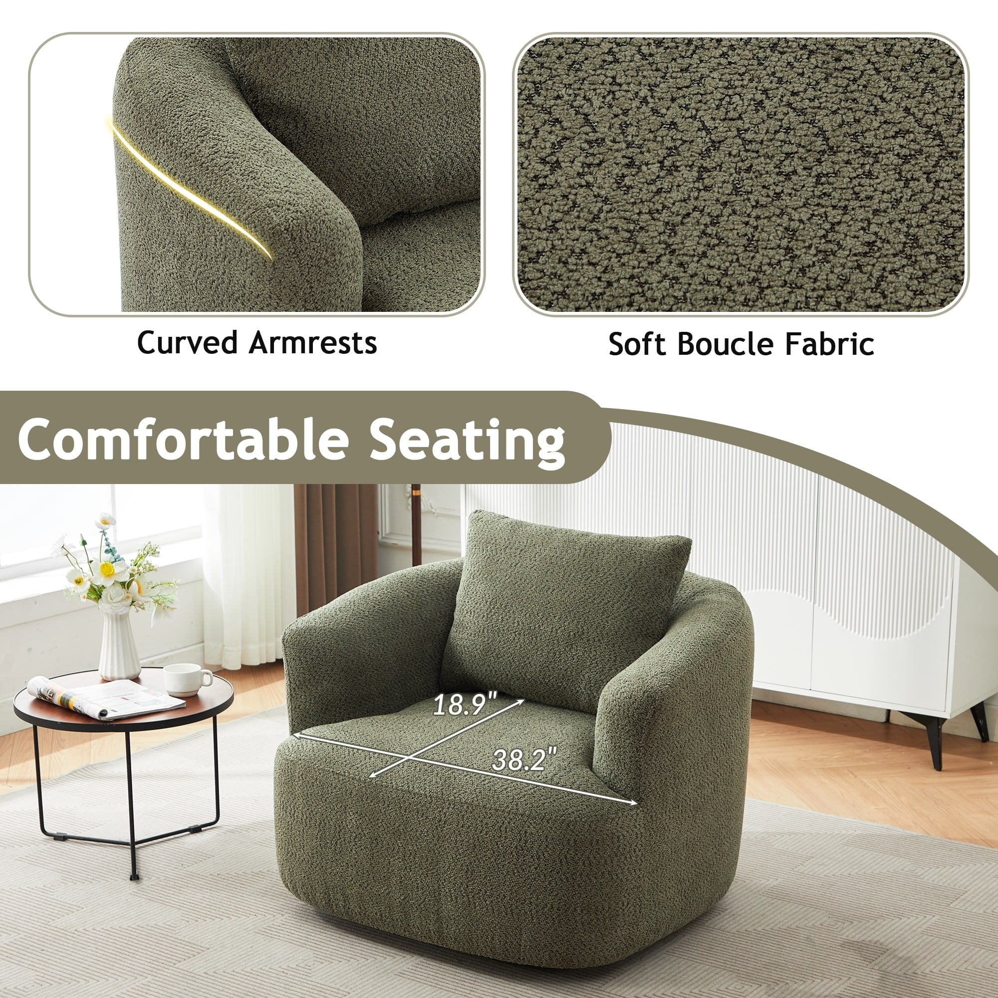360¡ã Swivel Chair, 38.2 Boucle Accent Chair with Throw Pillow, Upholstered Barrel Sofa Chair with Curved Armrests