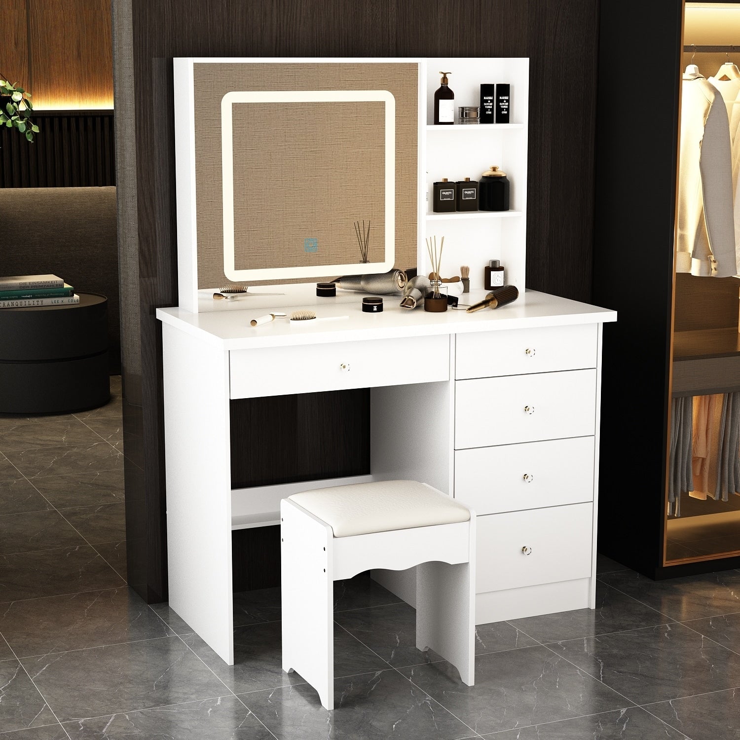 39.4'' W Dresser Makeup Vanity Set with Stool and Mirror Room