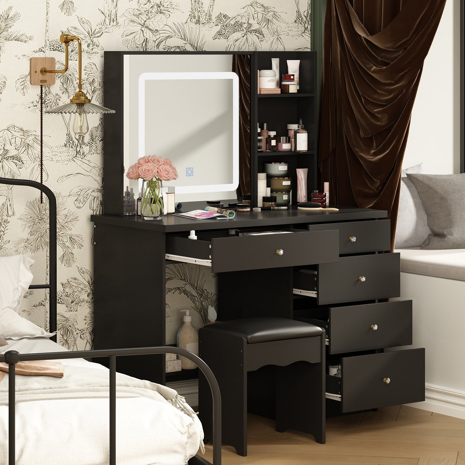39.4'' W Dresser Makeup Vanity Set with Stool and Mirror Room