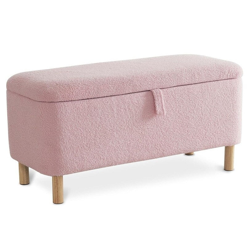 39.5 Off White Boucle Storage Ottoman Bench Sherpa Storage Bench Ottoman Foot Rest End of Bed for Living Room Bedroom,Wood Leg