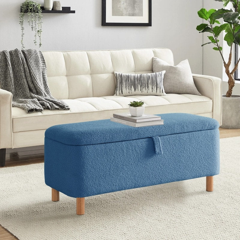 39.5 Off White Boucle Storage Ottoman Bench Sherpa Storage Bench Ottoman Foot Rest End of Bed for Living Room Bedroom,Wood Leg