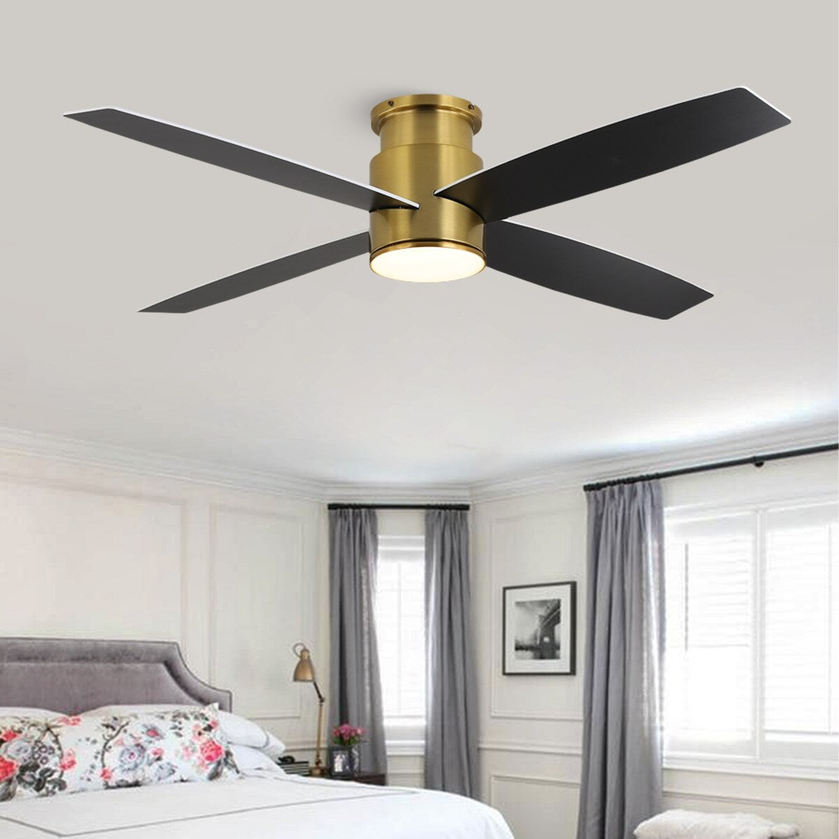 WINGBO 44/52 Inch Flush Mount DC Ceiling Fan with Lights and Remote, 4 Reversible Blades