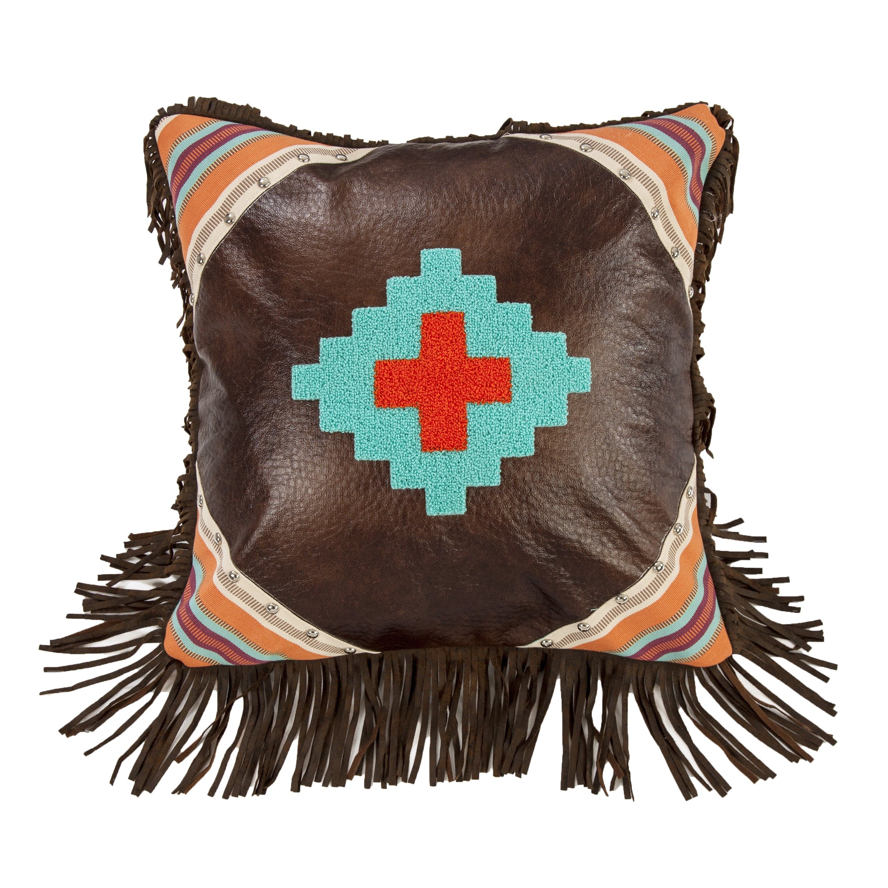 Serape Faux Leather Throw Pillow w/ Aztec Embroidery