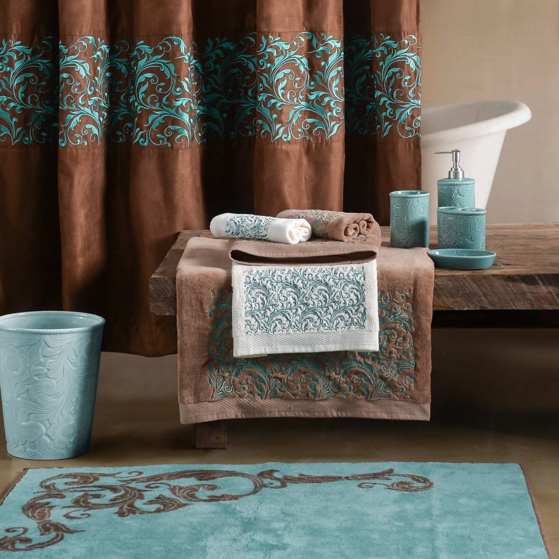 Wyatt Turquoise Scrollwork Kitchen/Bath Rug