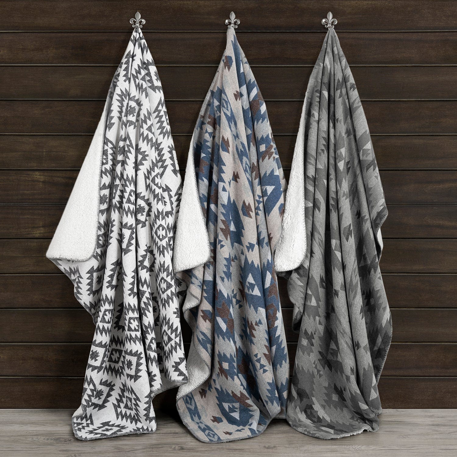 Southwest Aztec Design Throw with Sherpa Backing, Gray