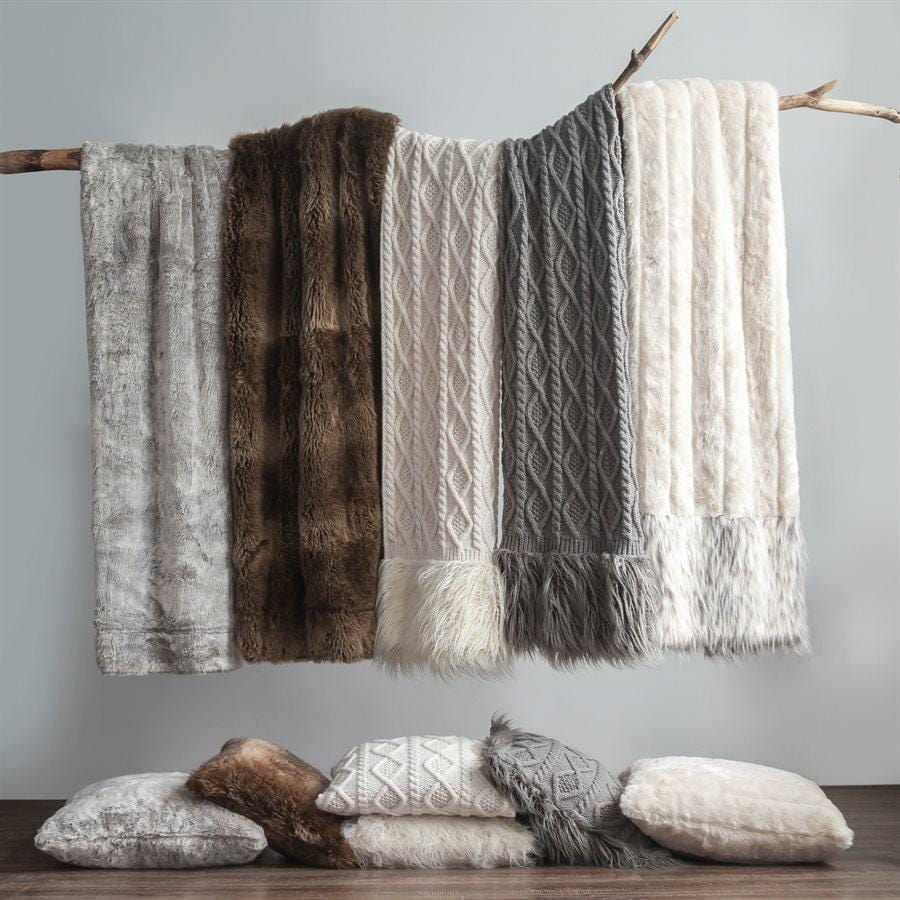 Nordic Cable Knit & Mongolian Fur Throw Blanket, Gray