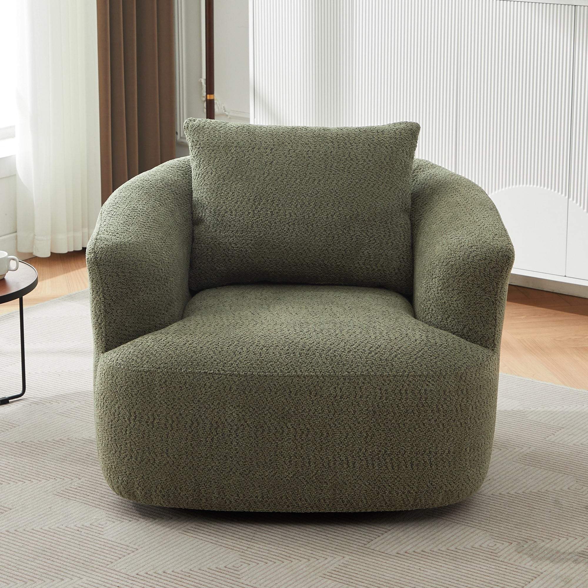 360¡ã Swivel Chair, 38.2 Boucle Accent Chair with Throw Pillow, Upholstered Barrel Sofa Chair with Curved Armrests