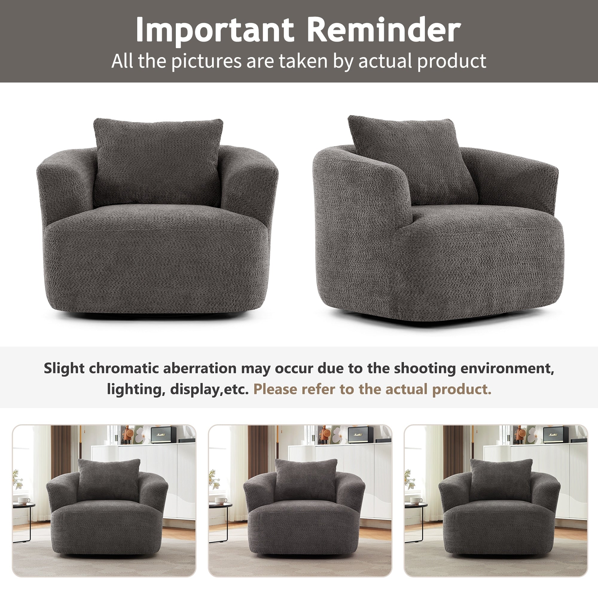 360¡ã Swivel Chair, 38.2 Boucle Accent Chair with Throw Pillow, Upholstered Barrel Sofa Chair with Curved Armrests