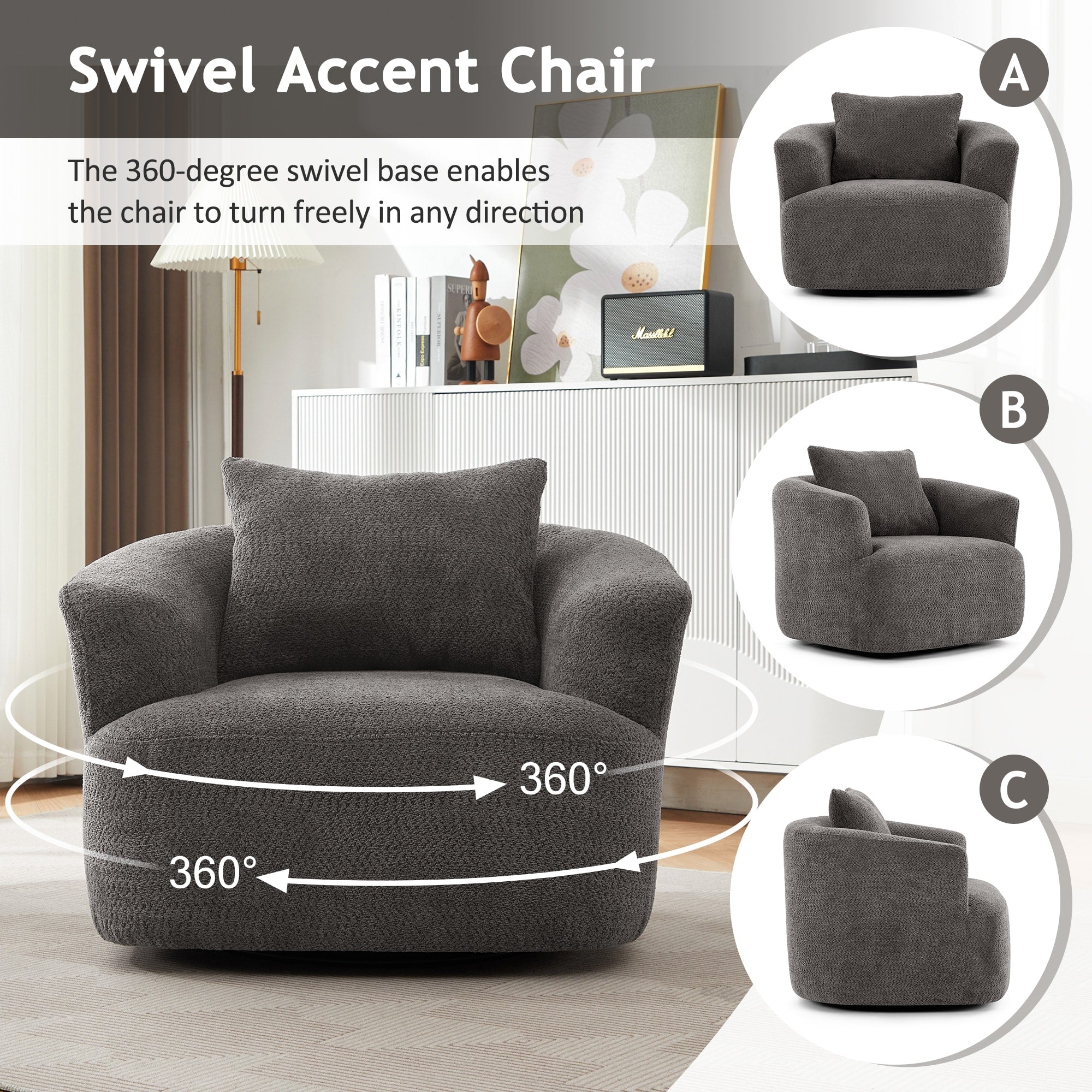360¡ã Swivel Chair, 38.2 Boucle Accent Chair with Throw Pillow, Upholstered Barrel Sofa Chair with Curved Armrests