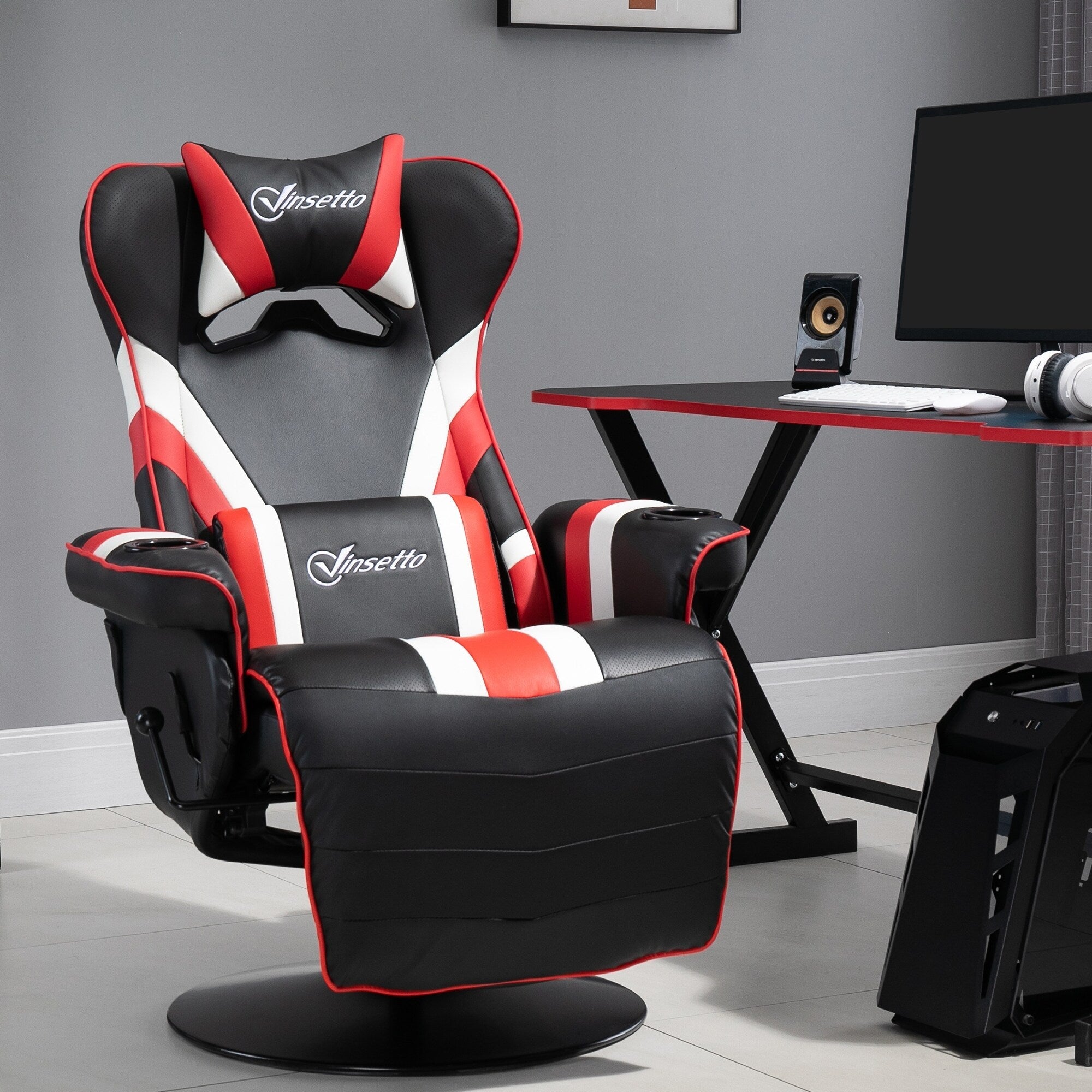 360¡ã Swivel Racing Style Gaming Recliner Chair with Lumbar Support, Footrest and Dual Cup Holders for Game Room