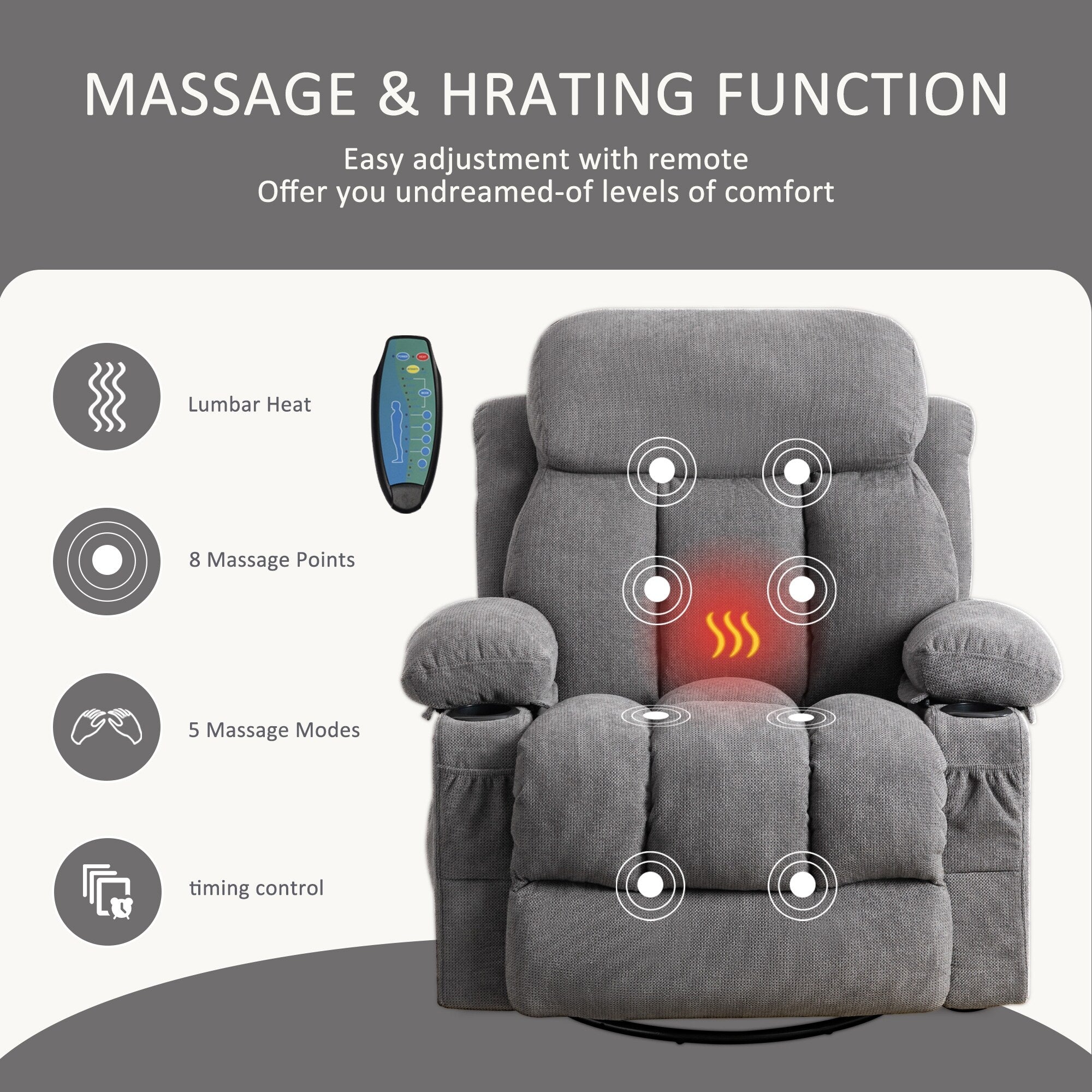 360¡ã Swivel Recliner Chair with Massage, Heat, USB, and Cup Holders