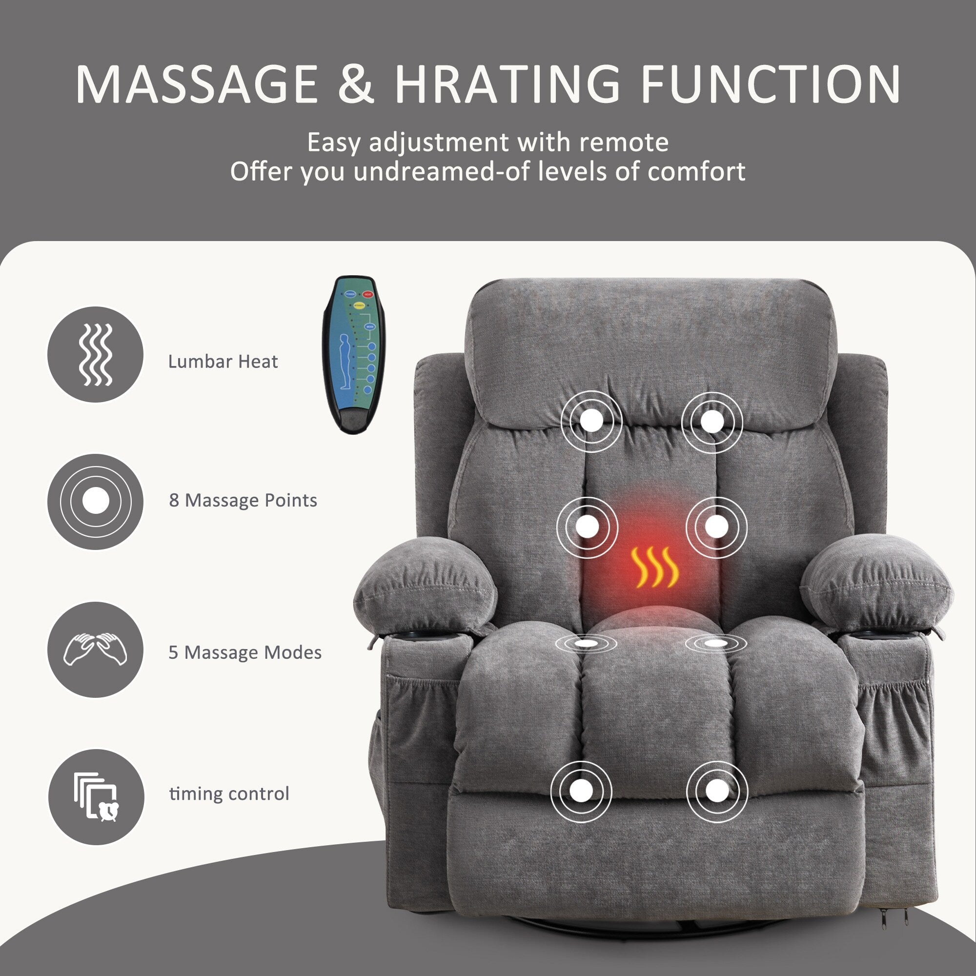 360¡ã Swivel Recliner Chair with Massage, Heat, USB, and Cup Holders