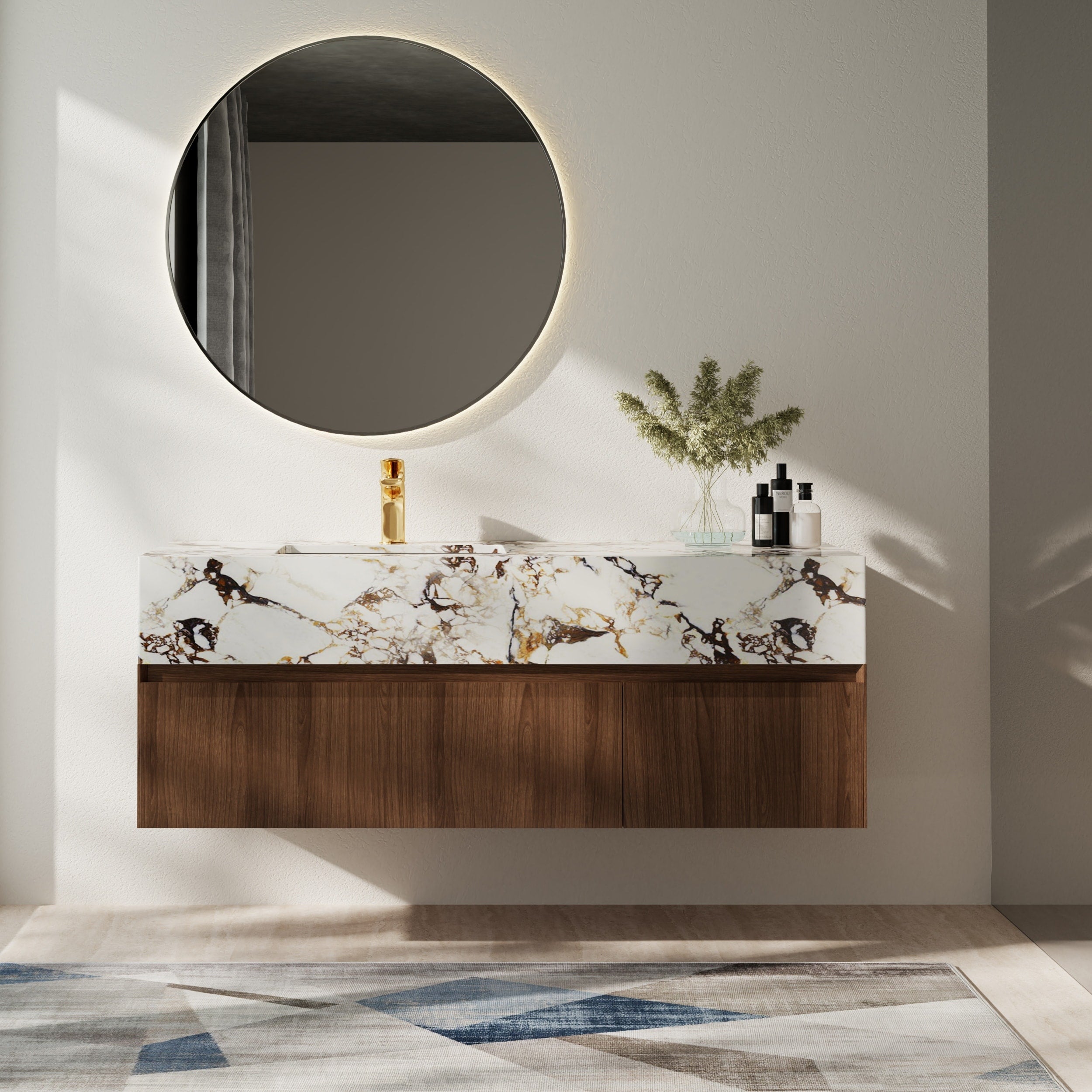 48'' Modern Single Bathroom Vanities, With Glossy Faux Marble Top, Solid Wood