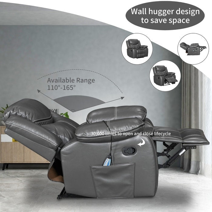 Wide Seat Durable Leather Massage and Heat Recliner