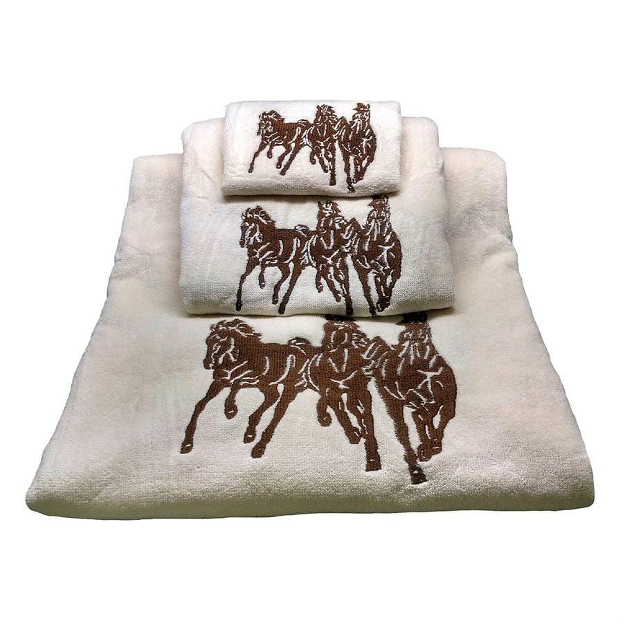 3PC 3-Horse Embroidered Towel Set, Cream