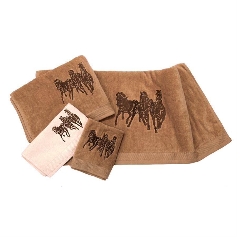 3PC 3-Horse Embroidered Towel Set, Mocha