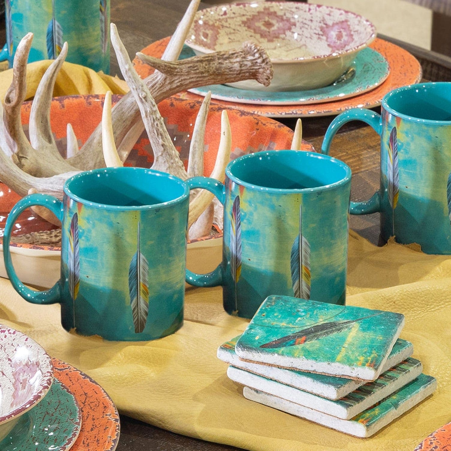 Tossed Feather Coaster, Set of 4