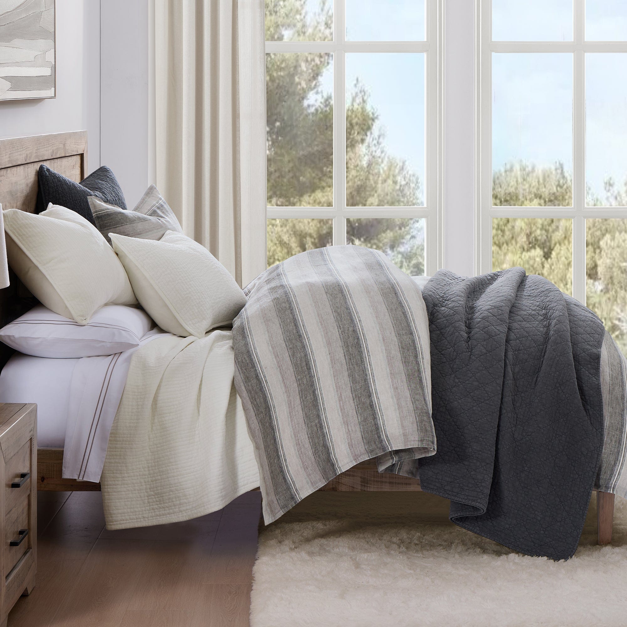 100% French Flax Linen Variegated Stripe Duvet Cover Set, Charcoal