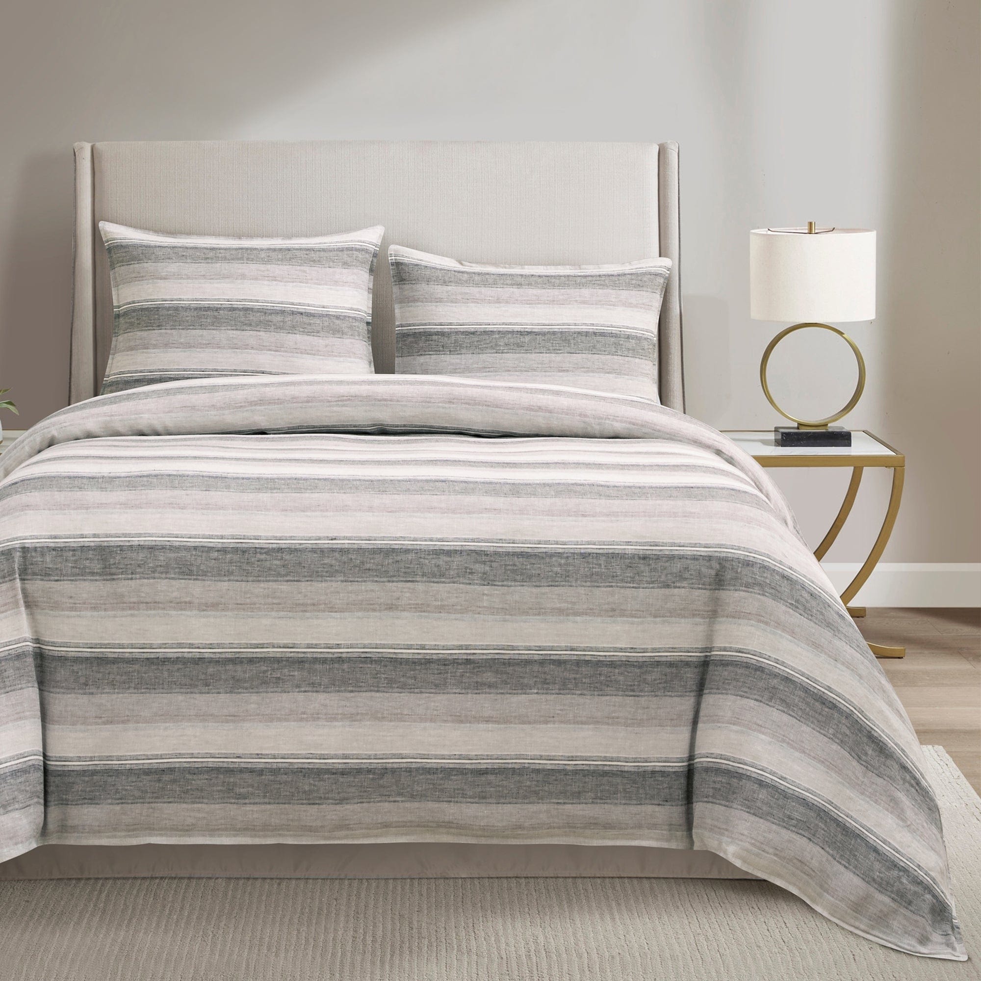 100% French Flax Linen Variegated Stripe Duvet Cover Set, Charcoal
