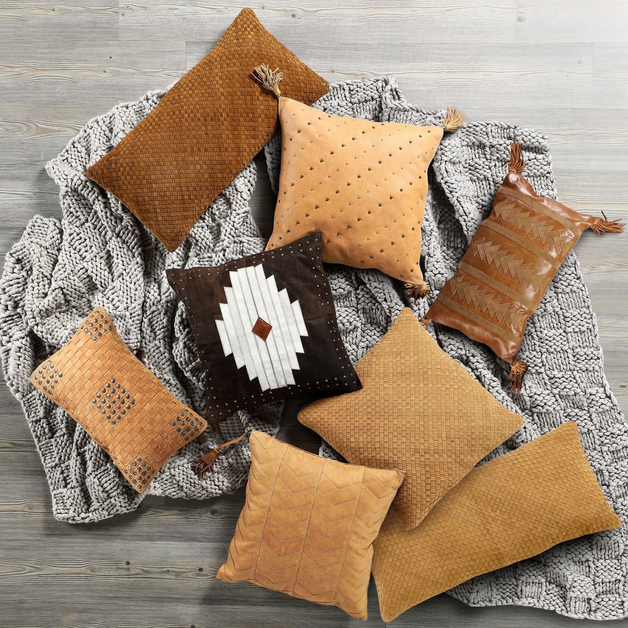 Genuine Leather Studded Basket Weave Pillow