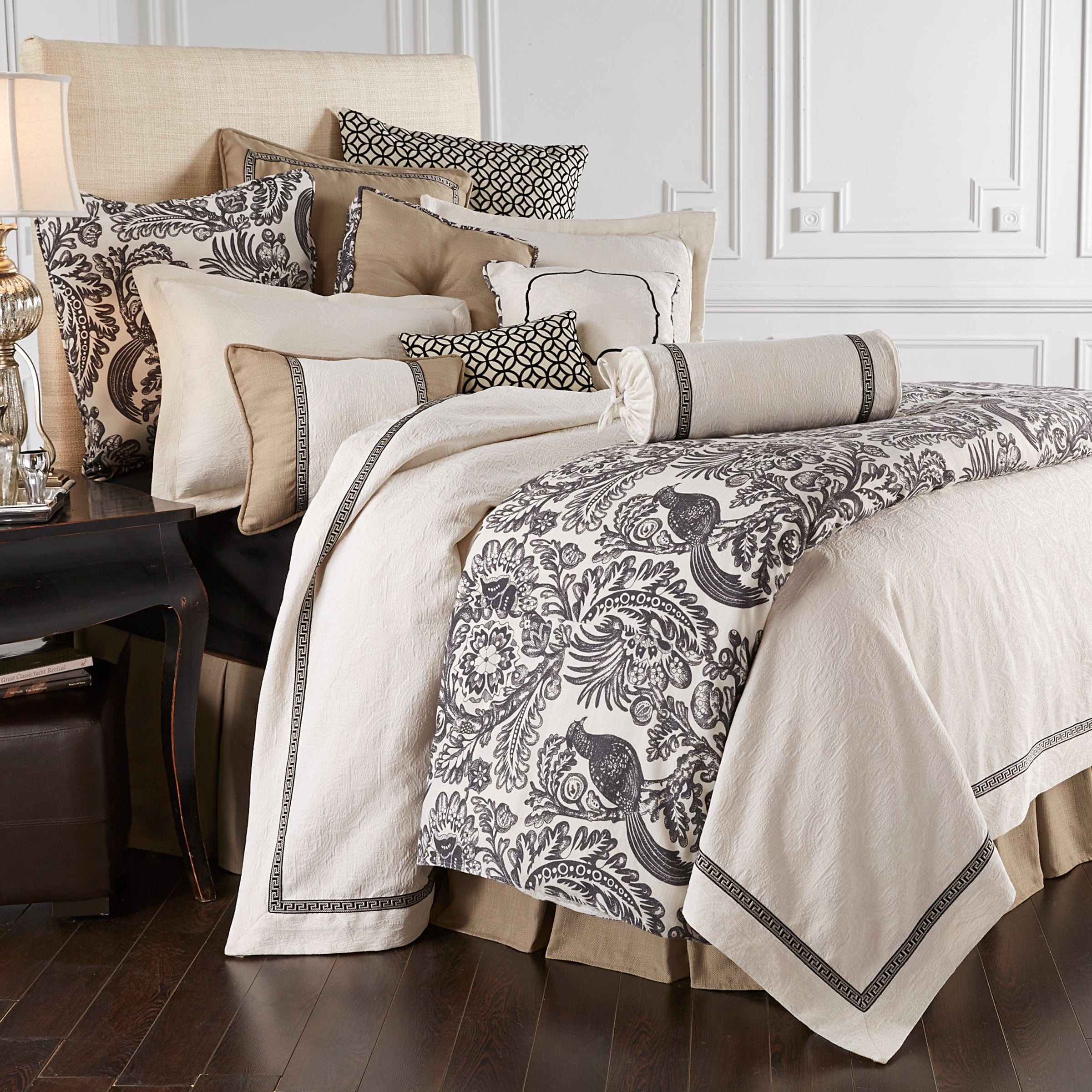 Augusta Matelassé Neckroll Pillow w/ Greek Key Trim