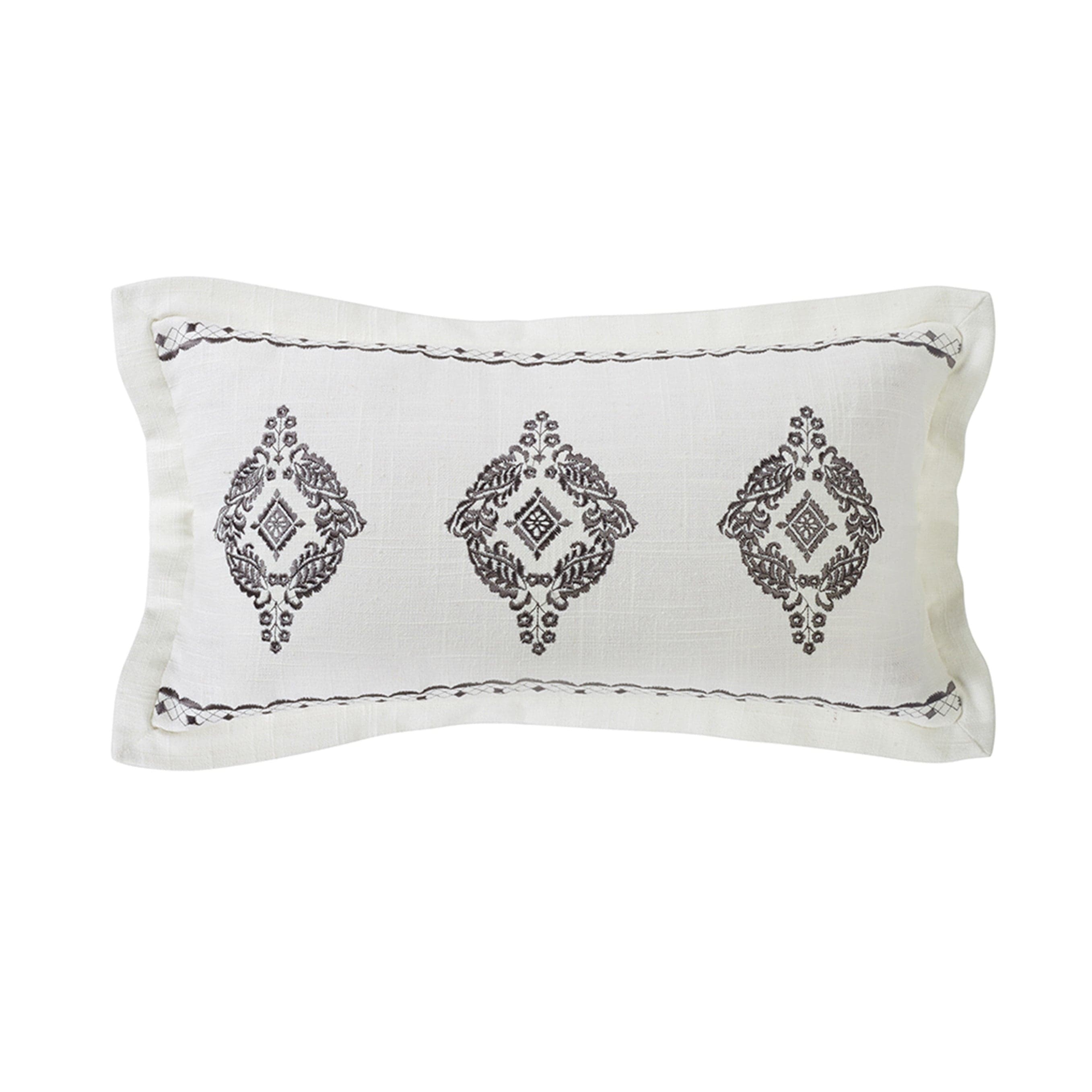 Charlotte Oblong Gray Flanged & Embroidered Lace Design Pillow