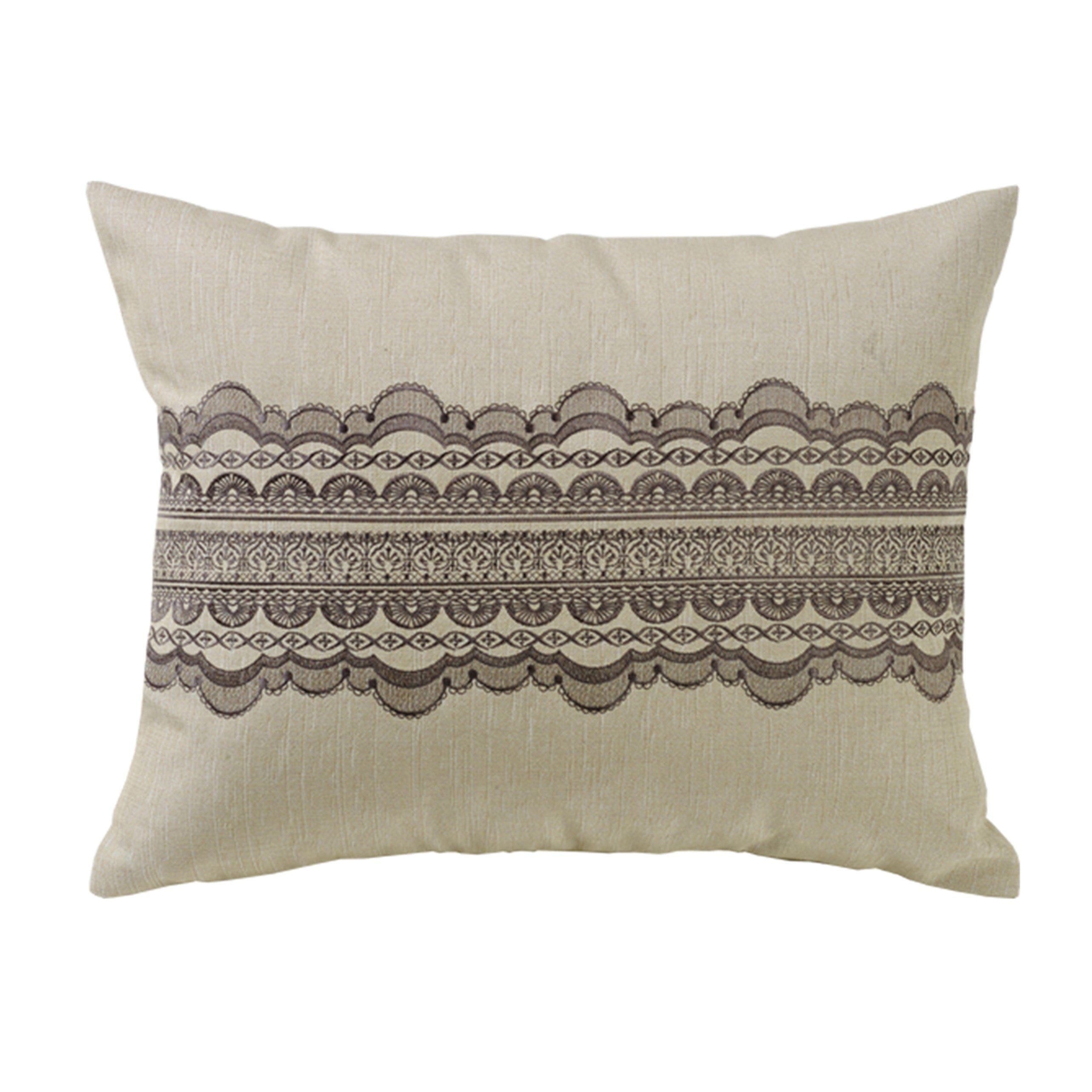 Charlotte Tan Burlap Gray Scallop Lace Design Pillow
