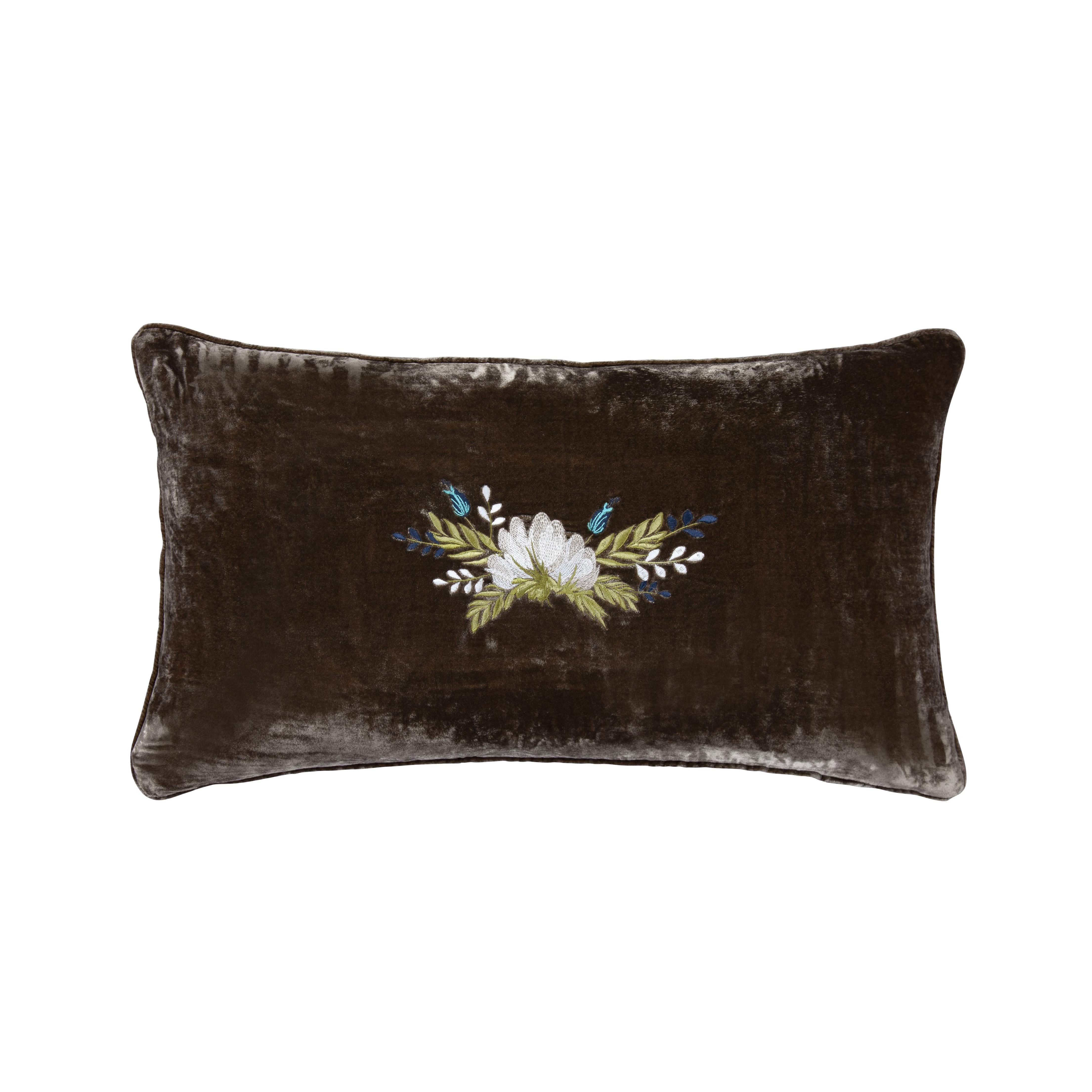 Stella Western Floral Embroidered Silk Velvet Lumbar Pillow