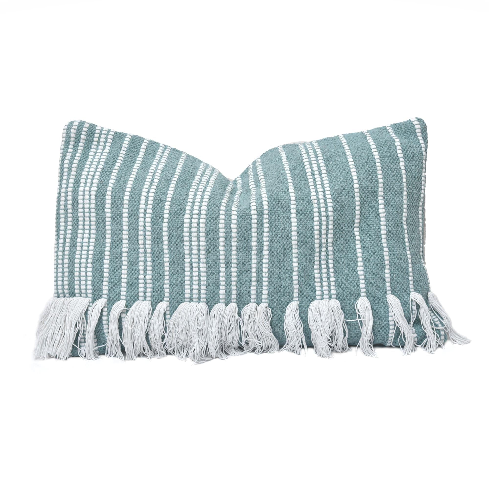 Fringed Stripe Lumbar Rug Pillow, Light Blue