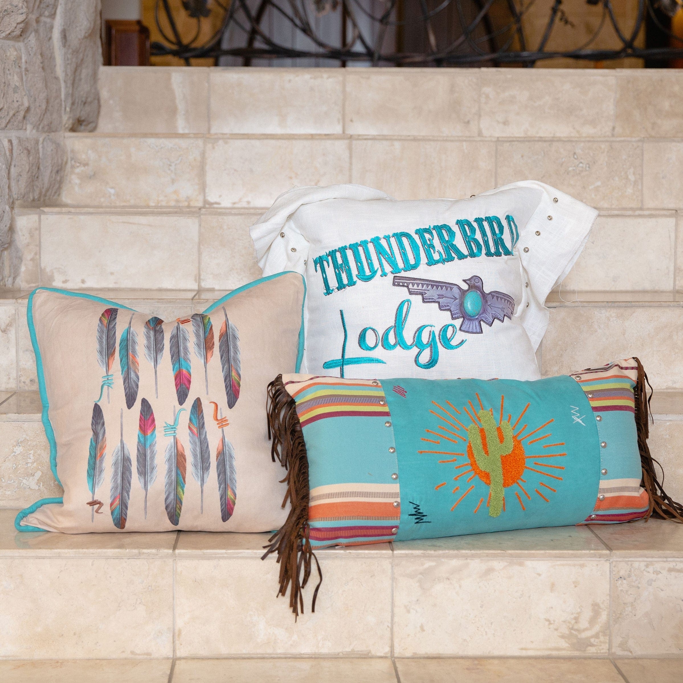 Turquoise Embroidered Thunderbird Lodge Pillow