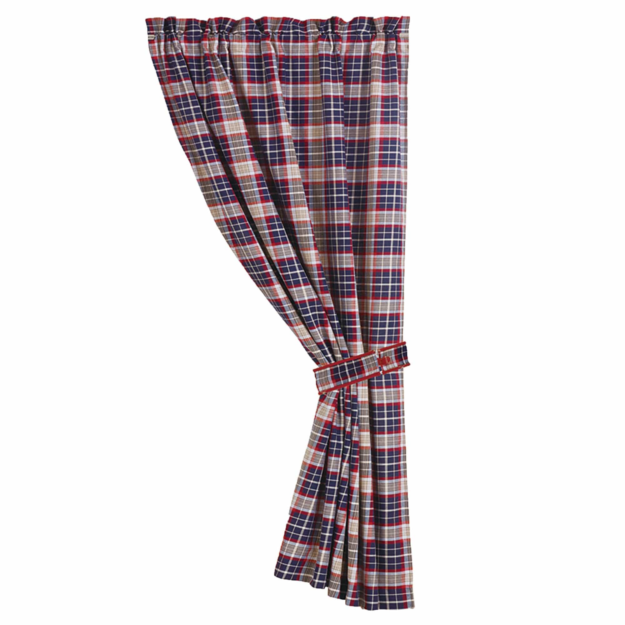 Blue plaid curtain with tieback