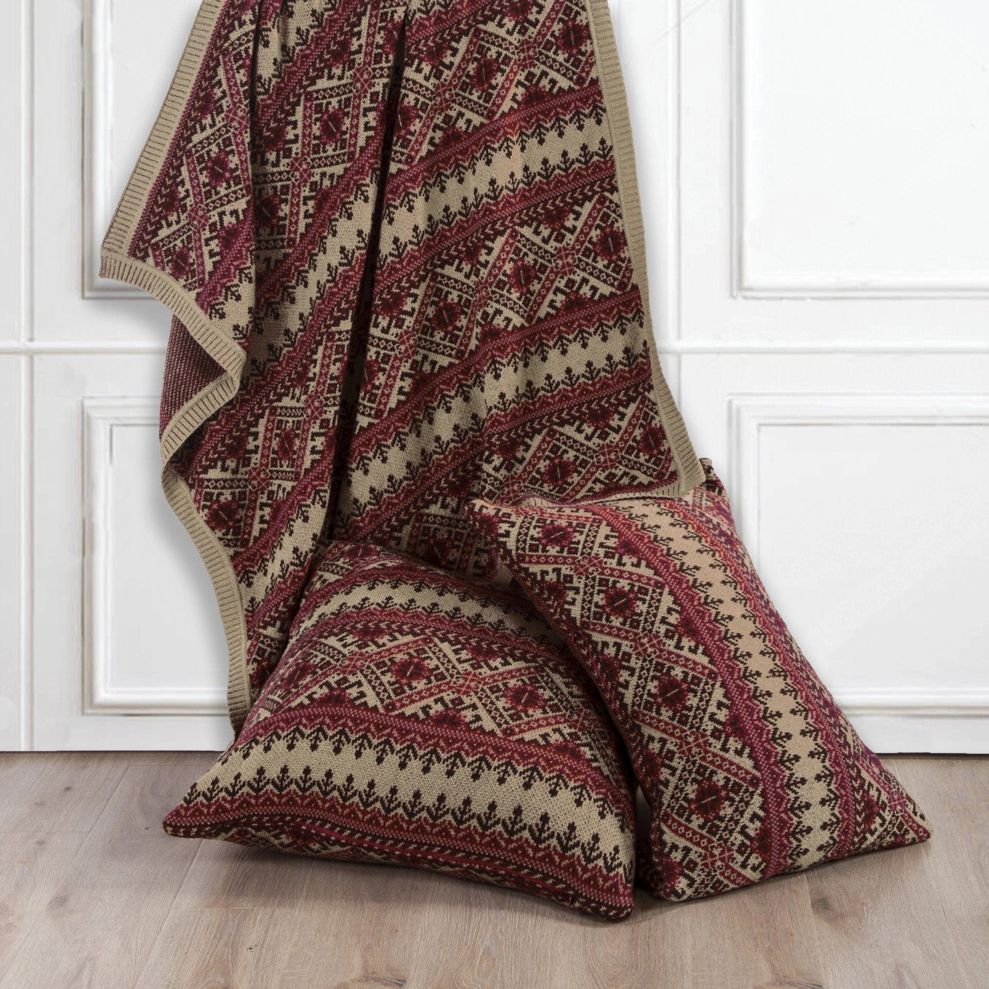 Fair Isle Knit Euro Sham - Red, Tan & Chocolate
