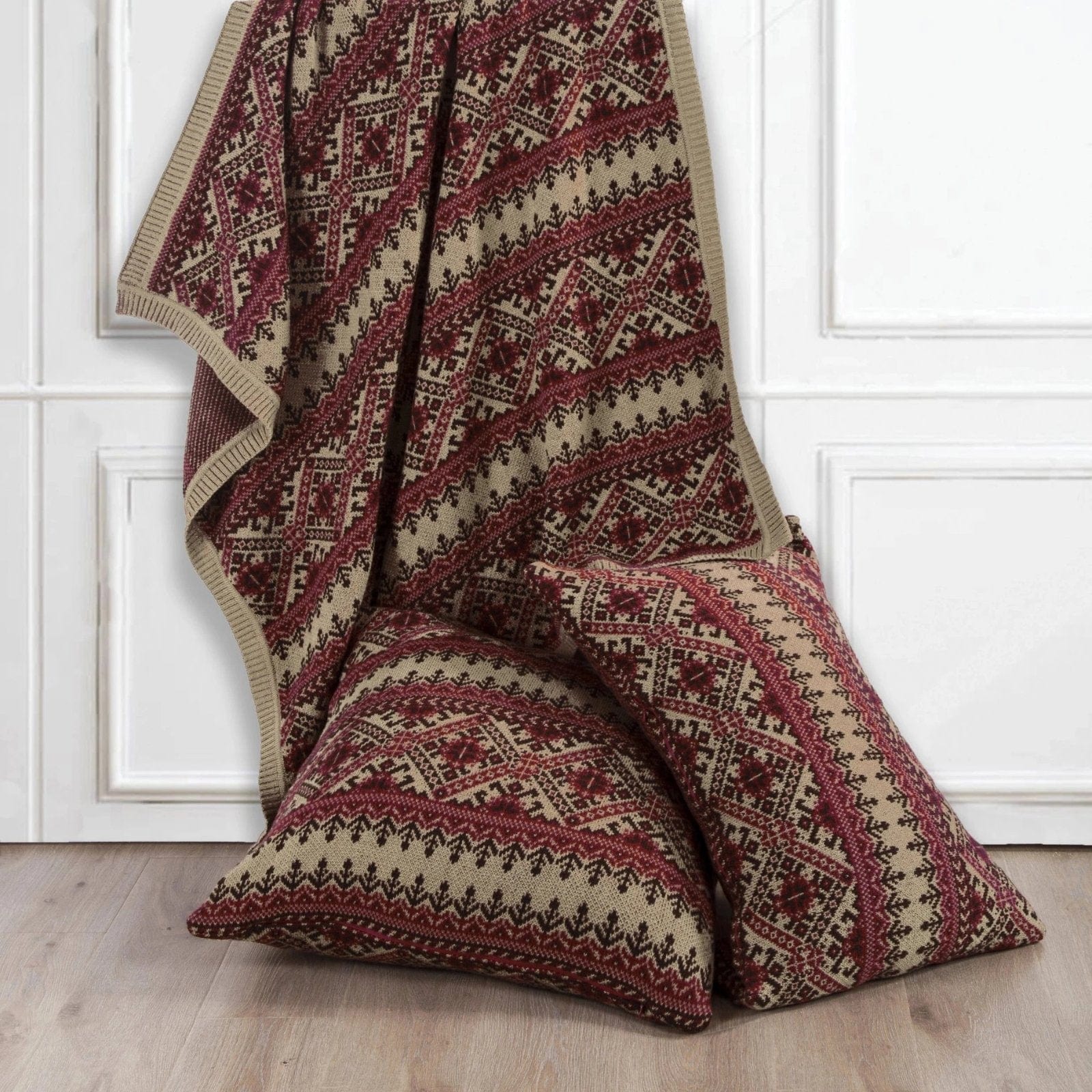 Fair Isle Red & Brown Knit Throw Blanket