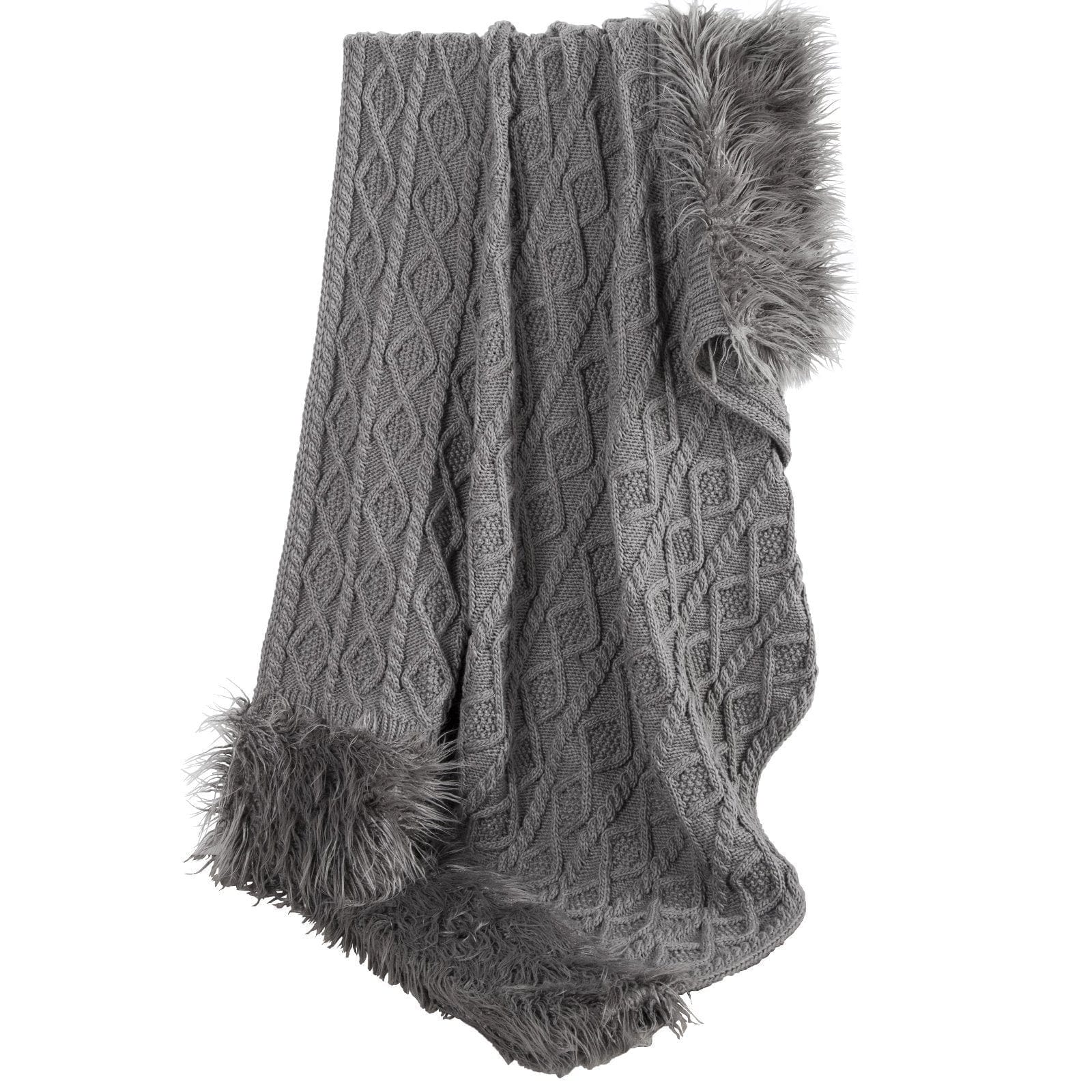 Nordic Cable Knit & Mongolian Fur Throw Blanket, Gray