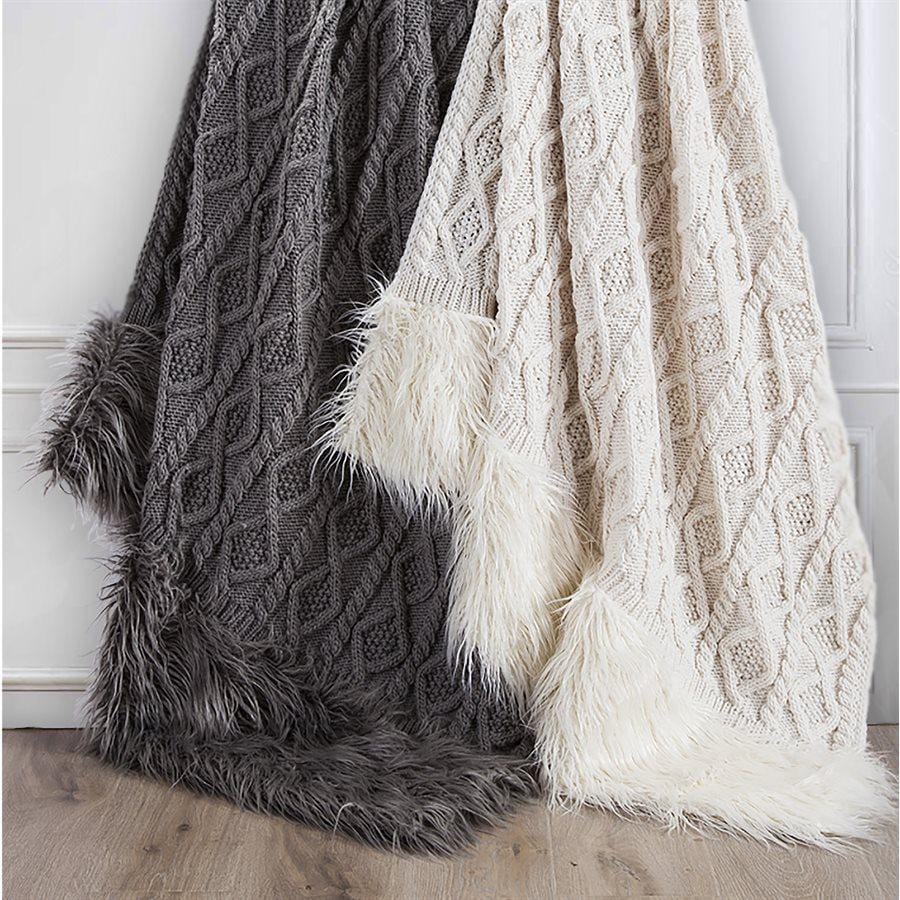 Nordic Cable Knit & Mongolian Fur Throw Blanket, Gray