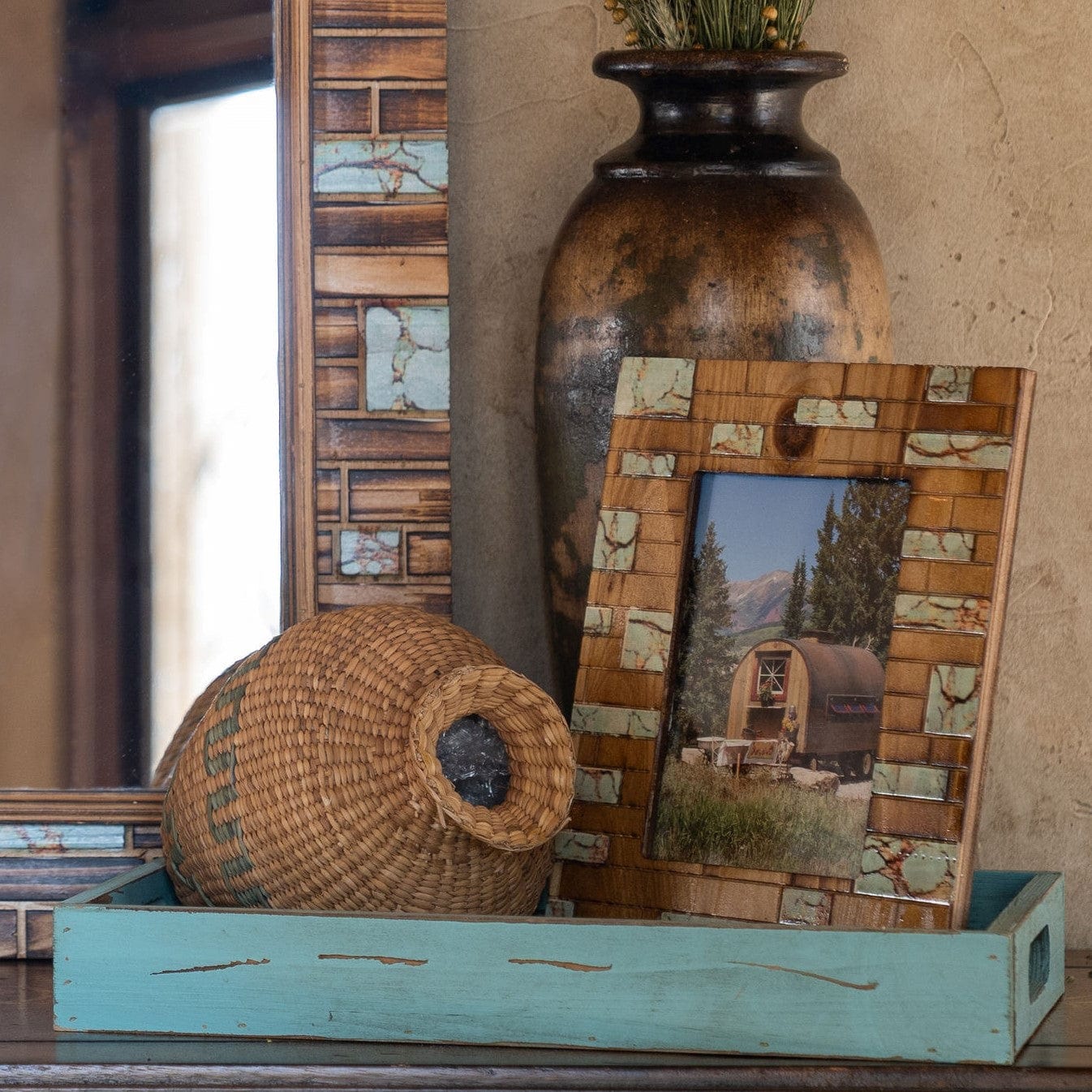 Decorative Scroll Carved Turquoise Wooden Tray