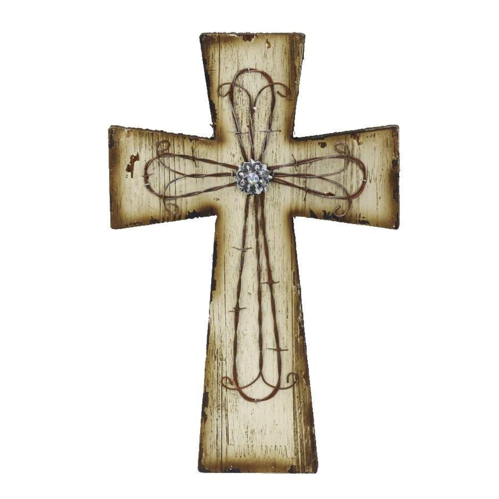 Cream Distressed Wood & Barbwire Cross Wall Decor