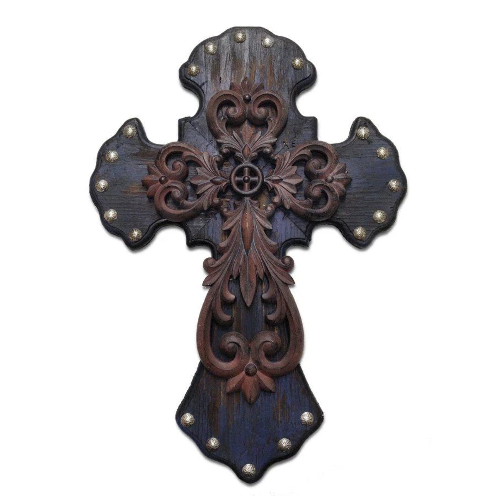 Deep Blue Studded Cross Wall Art w/ Metal Overlay